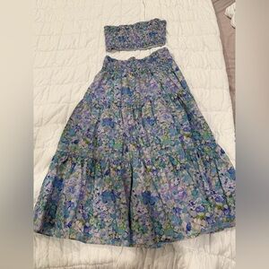 Floral Blue and Green Midi Skirt Set & Cropped Tube Top